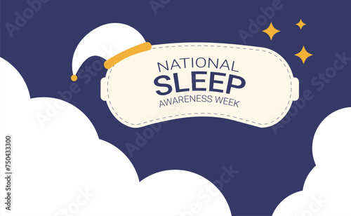 National sleep awareness week banner. Sleeping mask with text card poster. Template for holiday design. Vector illustration