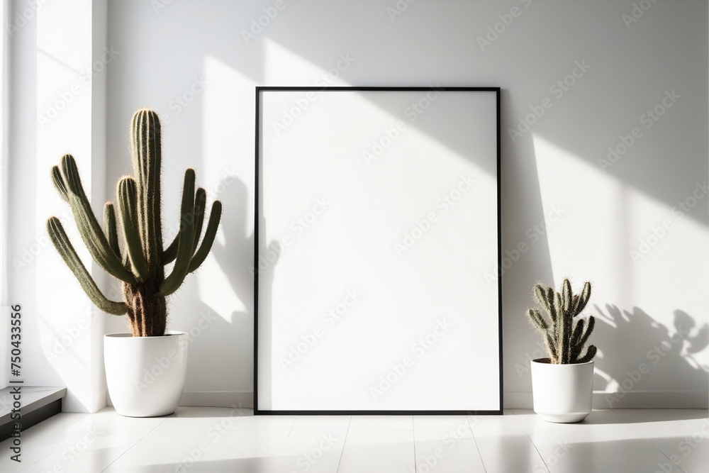 Close up bright modern white room interior background with white blank portrait poster space leaning on white wall background by cactus plant - Mockup - obrazy, fototapety, plakaty 
