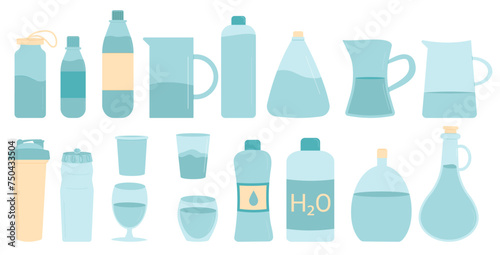 Water in different containers set isolated on white background. Bottles  sport shaker  glasses and cup fresh clean beverages sparkling and still. Stay hydrated elements. Vector flat illustration