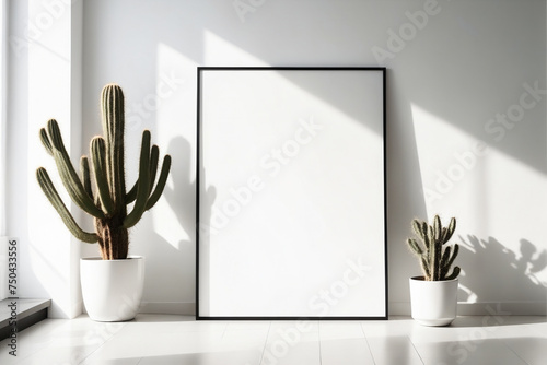 Close up bright modern white room interior background with white blank portrait poster space leaning on white wall background by cactus plant - Mockup