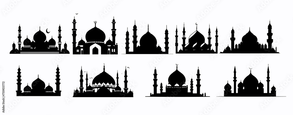 set of mosque silhouettes, with various model variations, for ornament design and other needs. vector illustration