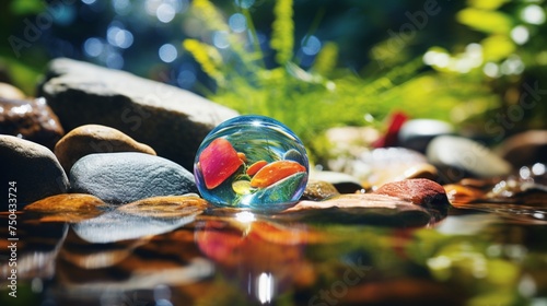 A smooth, sun-kissed pebble resting on the edge of a crystal-clear stream, reflecting the vibrant colors of surrounding foliage.