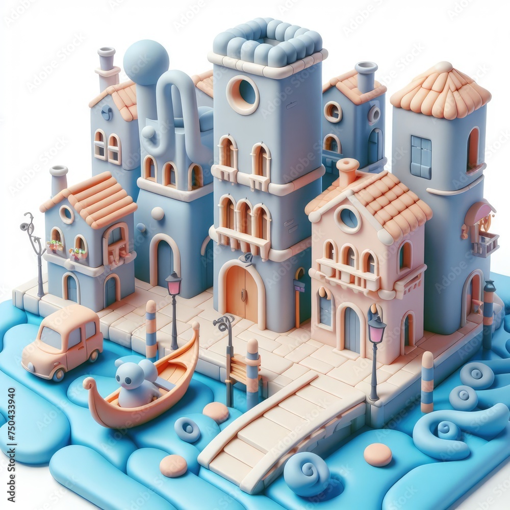 Cartoon Venice with Canals. Soft shapes 3D illustration with delicate pastel colors.