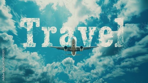 Travel concept image with a plane and written 