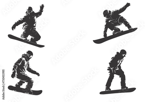 Silhouette of a snowboarder jumping isolated