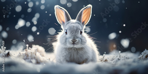 rabbits in the snow with a light background, Snowy Hare Haven: Charming Rabbits Frolicking in Light Background © Tepo
