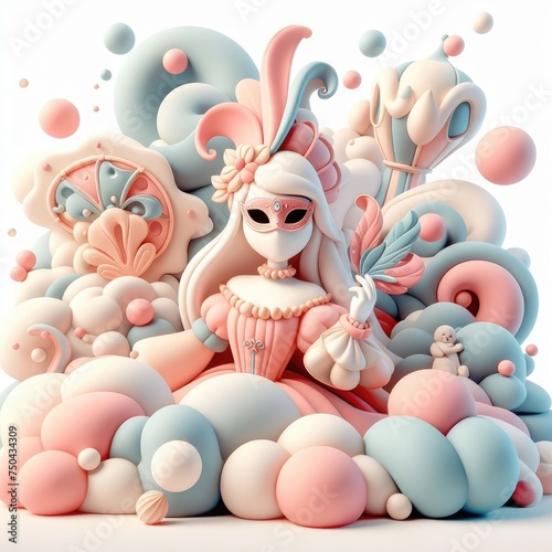 Cartoon Venetian Carnival. Soft shapes 3D illustration with delicate pastel colors.