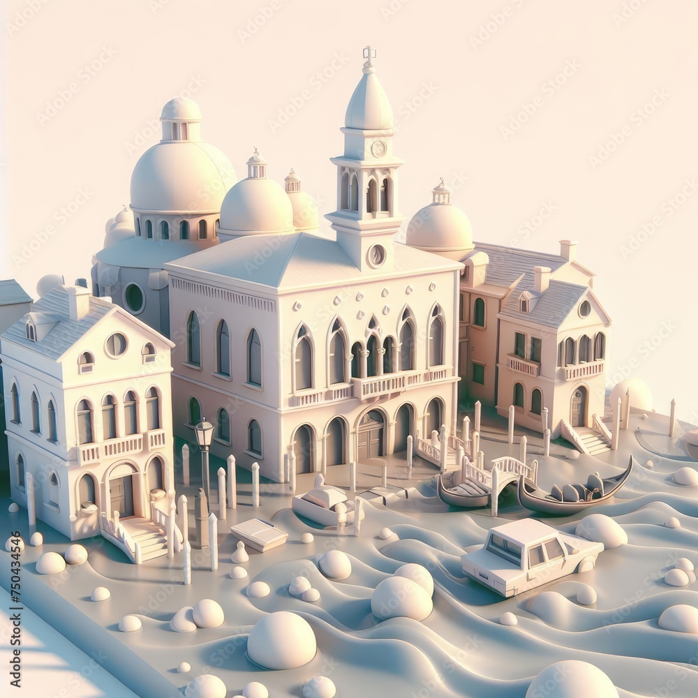 Flood in Venice. Soft shapes 3D illustration with delicate pastel colors.