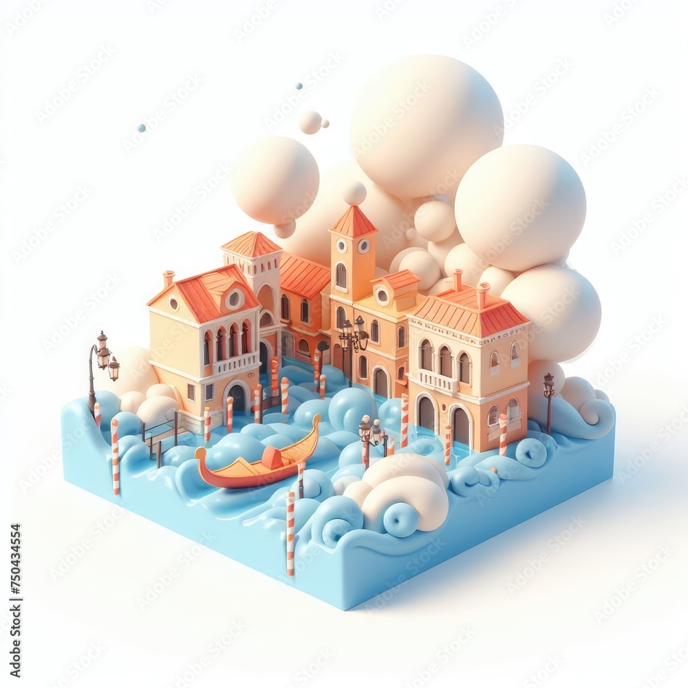 Flood in Venice. Soft shapes 3D illustration with delicate pastel colors.