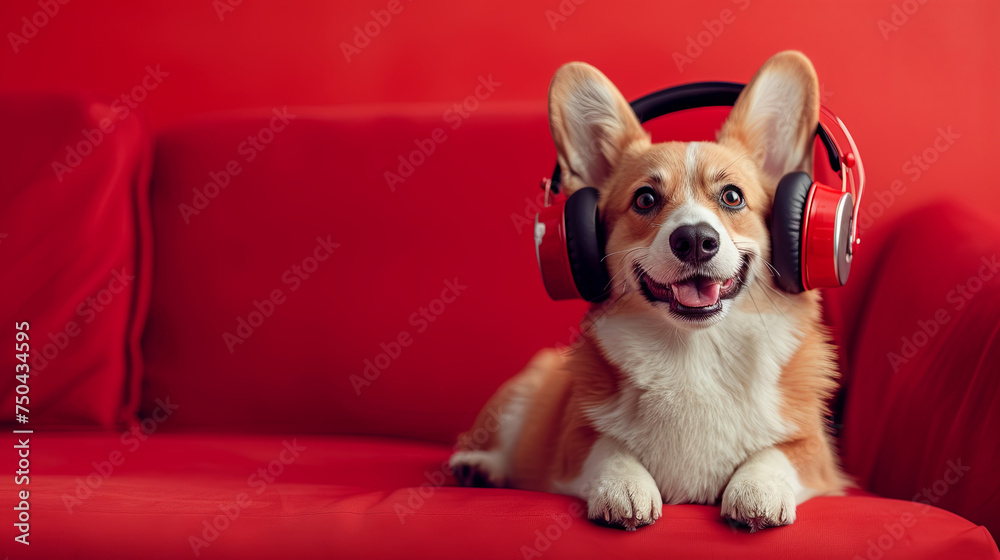 Corgi in headphones on the red sofa Corgi in headphones on the red sofa