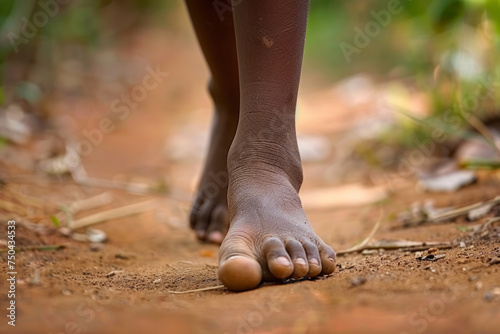 a close up of a black african childs foot as they walk barefoot along a dirt road. Generative ai