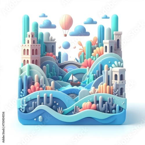 Flood in Venice. Soft shapes 3D illustration with delicate pastel colors.