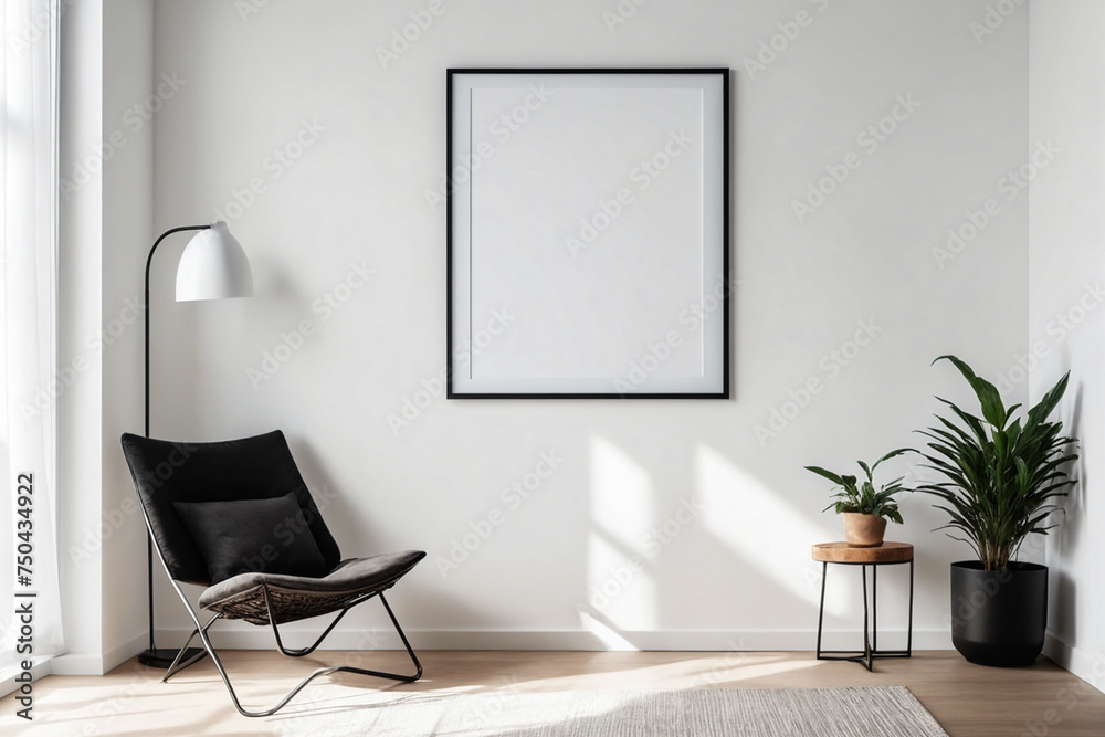 Fototapeta premium Close up of mockup poster frame with modern minimalist interior background in bright white color - Mockup