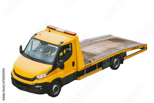 A broken car on an urban street waits for an orange tow truck to rescue it. The tow truck has a flatbed and a winch at the front.