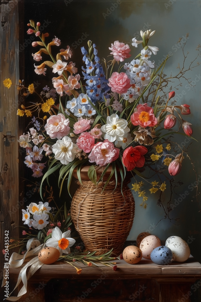 Vintage Easter still life with gentle spring garden flowers bouquet and Easter eggs. Oil painting illustration in Dutch fine art masterpiece style.