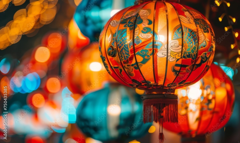 A close-up view of intricately crafted Chinese lanterns adorned with vibrant colors and intricate patterns