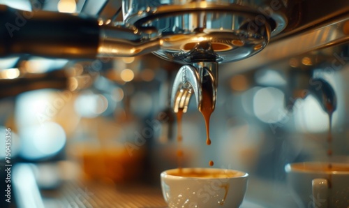 A close-up shot of a gleaming espresso machine in a trendy cafe setting, with rich espresso cascading into a demitasse cup