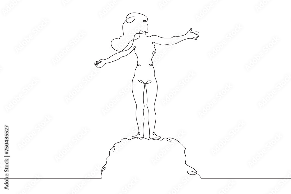 Happy woman. The girl rejoices in victory. Conquering the peak. Woman with outstretched arms. One continuous line . Line art. Minimal single line.White background. One line drawing.