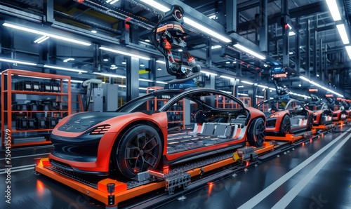 Robots  assemble autonomous car parts in a futuristic electric car factory © AlfaSmart