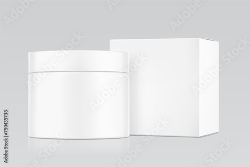 Blank cosmetic package container for creme, mask with box mockup. Vector illustration isolated on grey background. Can be use for your design, advertising, promo and etc. EPS10.