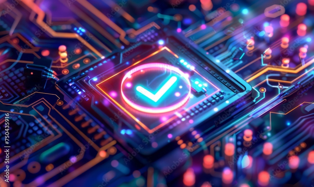Glowing checkmark symbolizing a secure connection, hovering above a circuit board background Glowing checkmark symbolizing a secure connection, hovering above a circuit board background