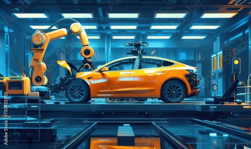Robots  assemble autonomous car parts in a futuristic electric car factory photo