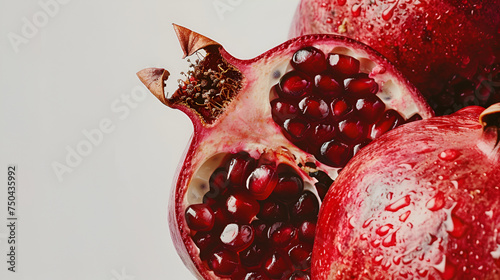 Pomegranate and seeds close-up,Fresh, ripe, organic pomegranate fruit on white background,Sweet pomegranate isolated on white background 