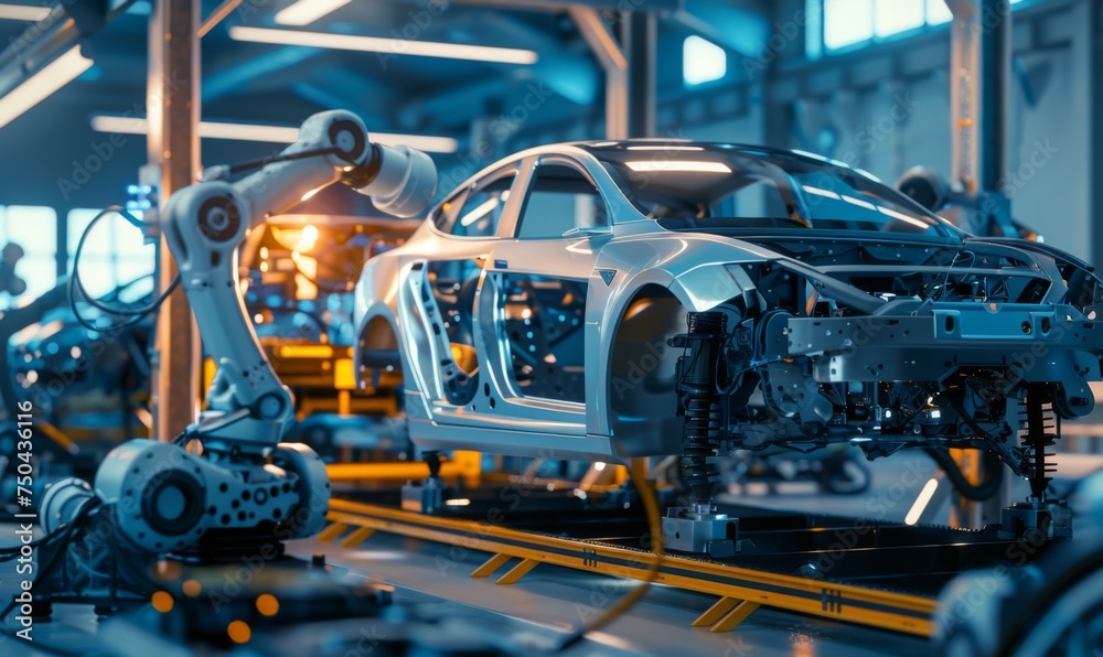 Robots  assemble autonomous car parts in a futuristic electric car factory
