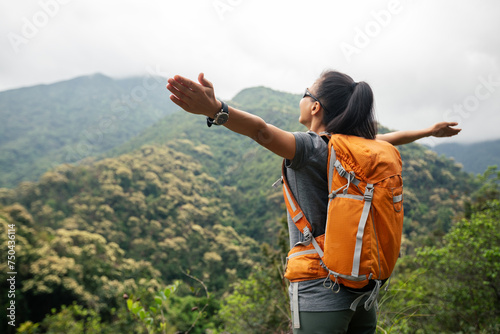 Cheering happy woman enjoying the view on morning mountain top