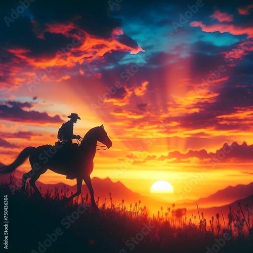 Silhouetted Cowboy Enjoying a Scenic Desert Ride on His Majestic Horse at Golden Hour