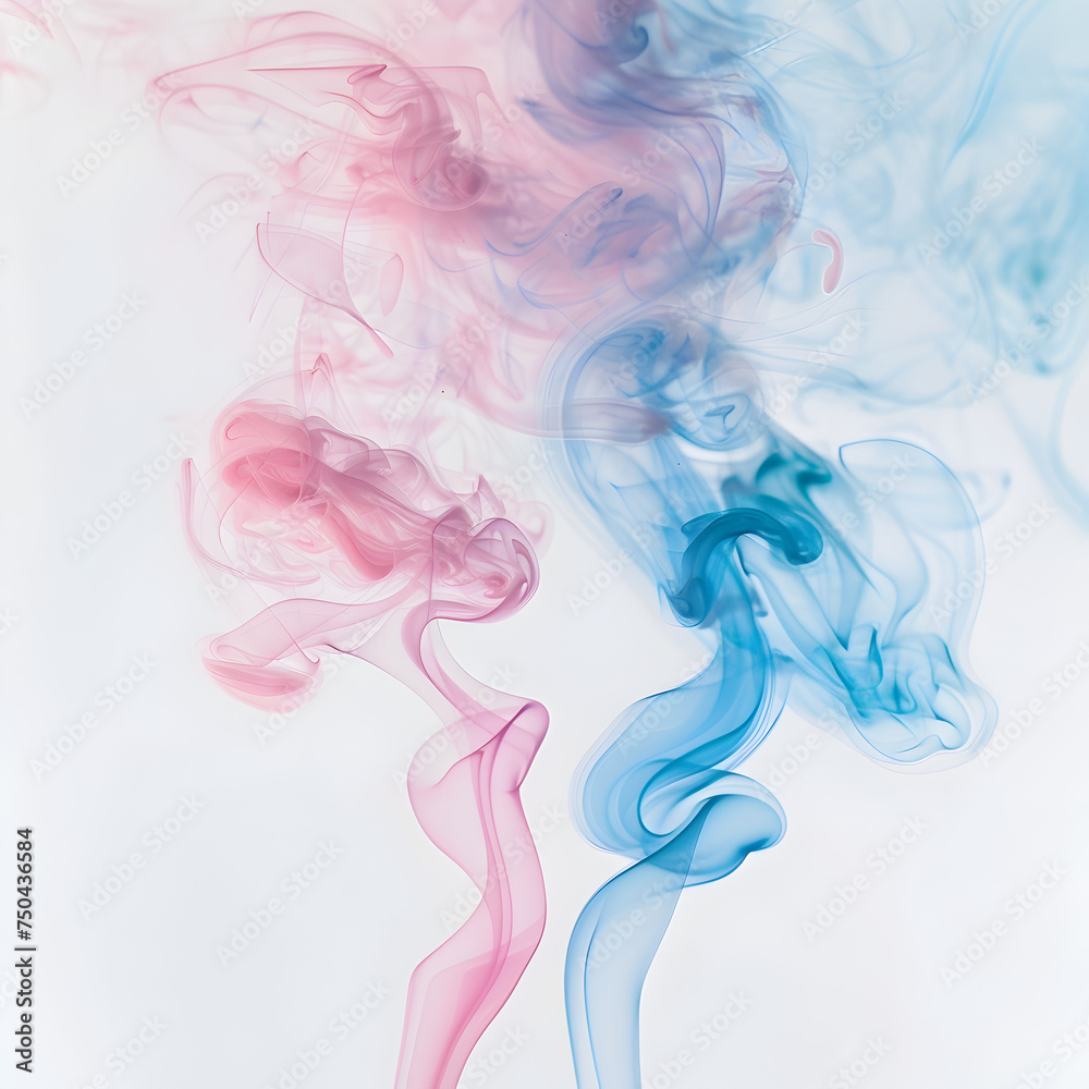 Pink and blue smoke on a white background 