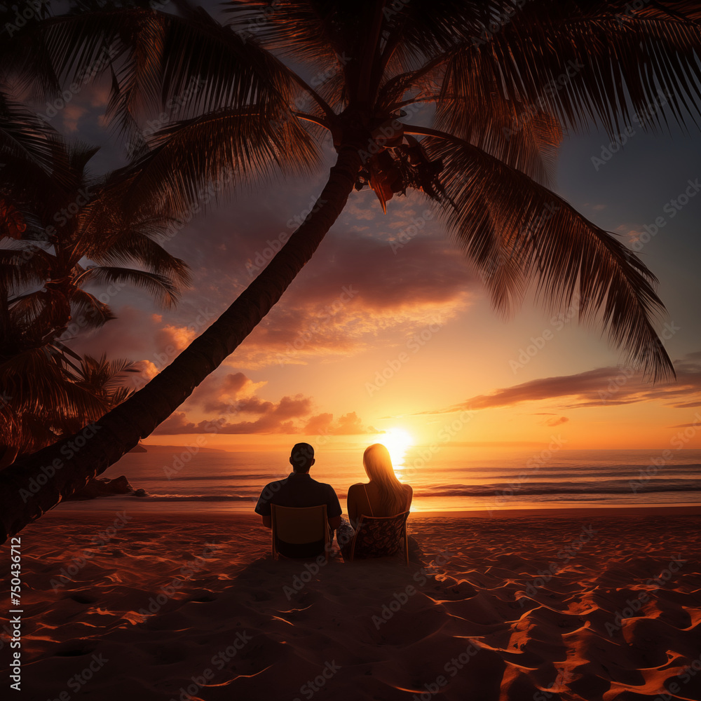 Romantic couple sitting on beach at sunset Romantic couple sitting on beach at sunset