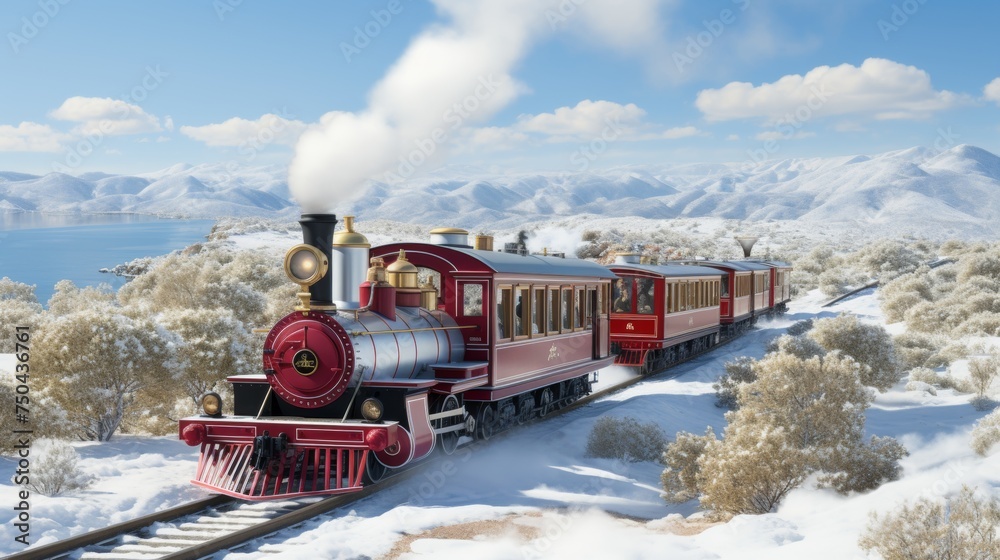 Obraz premium Vintage steam locomotive pulling train against picturesque winter landscape, bathed in sunlight