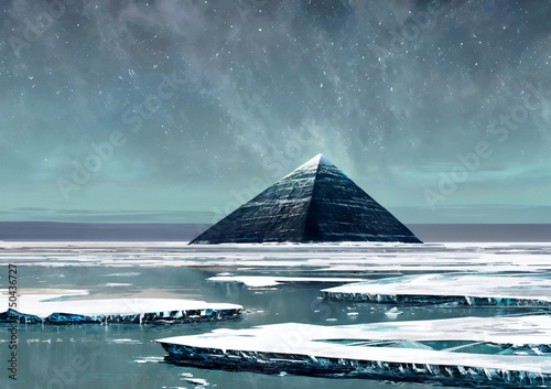 Mysterious pyramid in a frozen place under an intense blizzard. Digital illustration.