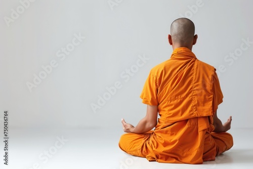 Buddhist monk meditates in an empty white isolated room. Vesak. Wesak day