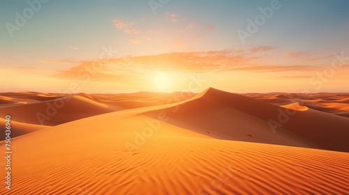 A vast desert landscape  with towering sand dunes sculpted by the wind and a boundless expanse of golden sand stretching to the horizon