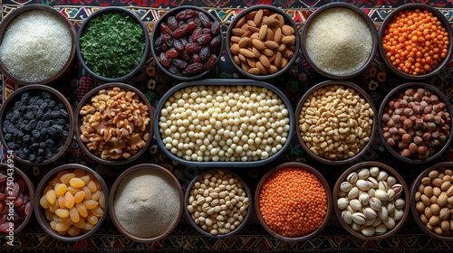 Assorted dried fruits, nuts, and grains in various bowls. A colorful display of nutritious ingredients. This image is perfect for: health food, nutrition, organic ingredients.