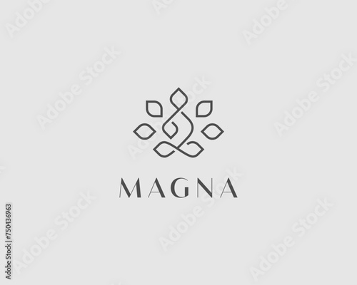 Continuous line yogi logo design. Creative monk flower flat sign. Thread relax meditation balance logotype. Vector illustration.