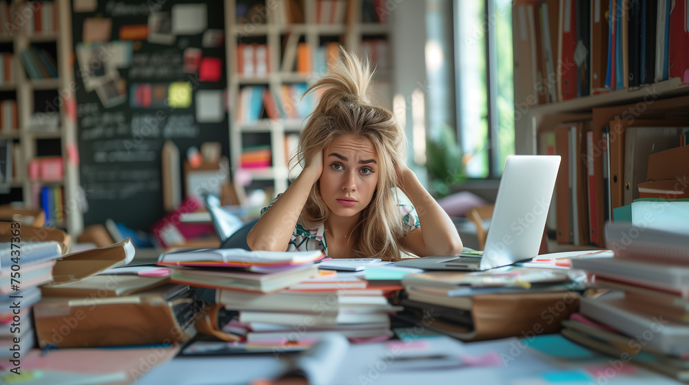 Frustrated Female Student Studying in Library Frustrated Female Student Studying in Library