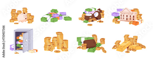 Cash money set. Pile of golden coins, piggy bank, wads in safe. Stack of dollar bills, greenback banknotes. Financial savings, holdings. Success, wealth. Flat isolated vector illustration on white