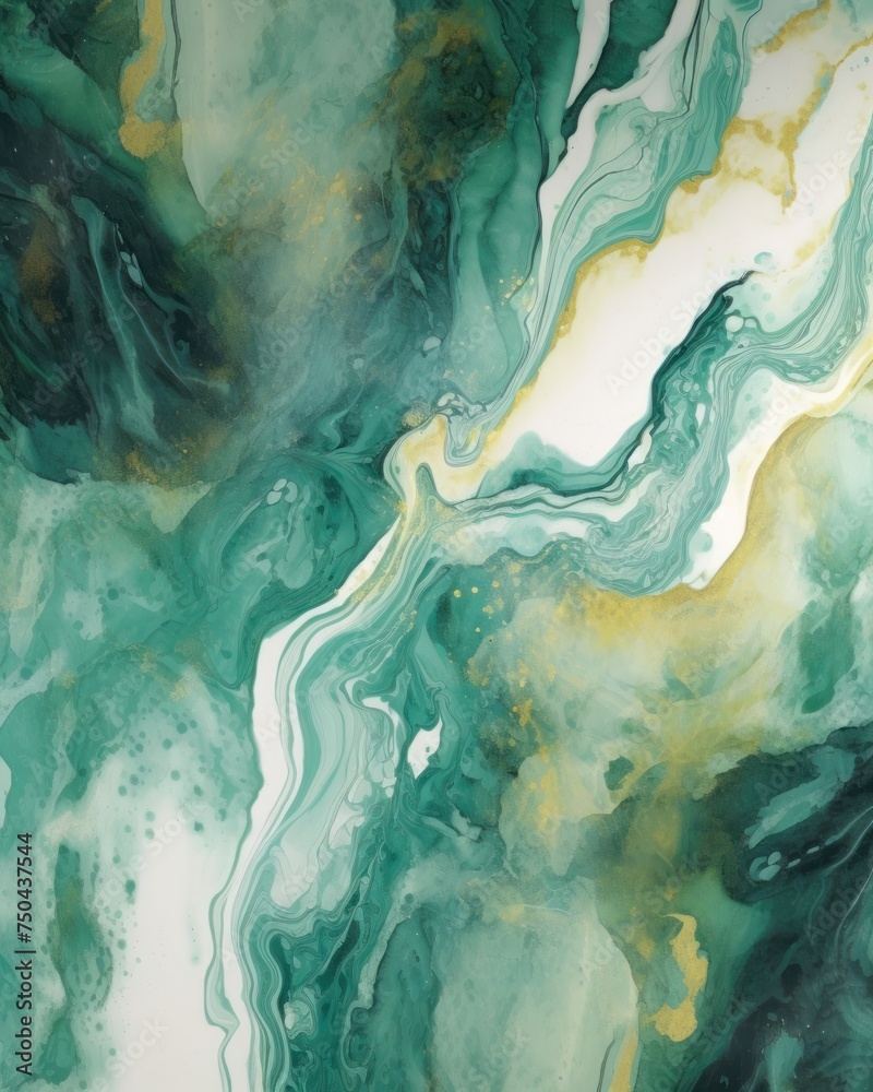 Luxury abstract fluid art painting vertical background alcohol ink technique. Luxury gold blue green marble texture background for interior decoration. Abstract digital artwork