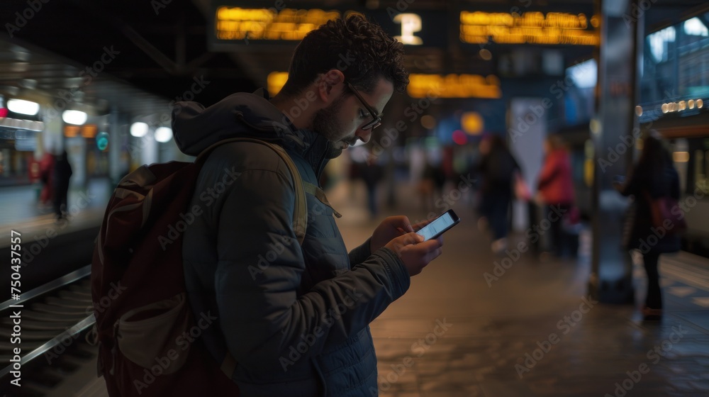 Man using cell phone at transit station for work commute. Man using cell phone at transit station for work commute.