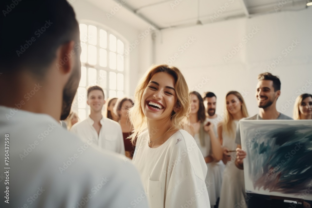 Smiling woman in art gallery, joyful crowd, blurred background. Smiling woman in art gallery, joyful crowd, blurred background.