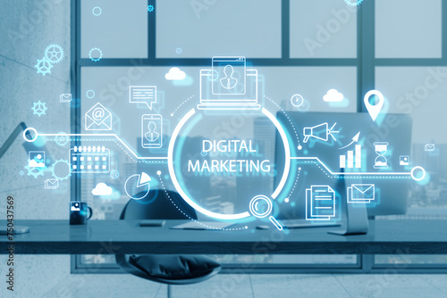 Office workplace with creative glowing marketing hologram on blurry backdrop. Digital online marketing commerce sale concept. Double exposure.