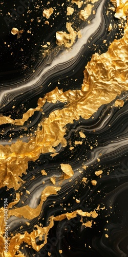 Luxury abstract fluid art painting vertical background alcohol ink technique. Luxury gold black marble texture background for interior decoration. Abstract digital artwork