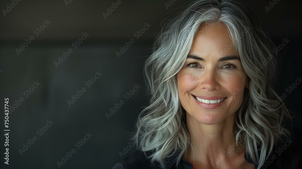 Radiant Mature Woman with a Beautiful Smile and Gray Hair. Concept Beauty, Aging Gracefully, Self-Confidence, Gray Hair Fashion, Portrait Photography Radiant Mature Woman with a Beautiful Smile and Gray Hair. Concept Beauty, Aging Gracefully, Self-Confidence, Gray Hair Fashion, Portrait Photography