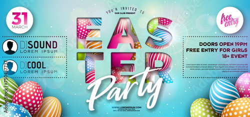 Easter Party Flyer Illustration with Painted Eggs and Typography Lettering on Nature Blue Background. Vector Spring Religious Holiday Celebration Poster Design Template for Banner or Invitation.