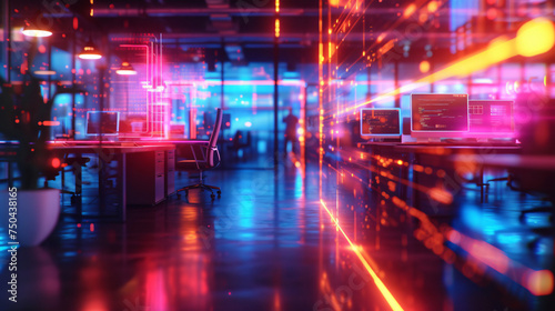 The strategic heart of a digital operations hub, depicted with striking neon coding streams and a symphony of glowing screens,suitable for background.