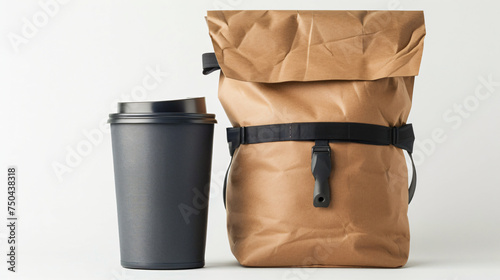 Coffee to go and lunch bag on white.