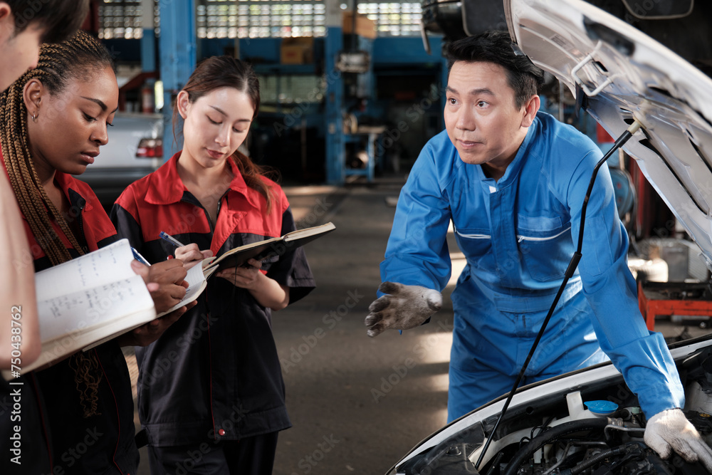 Asian male professional automotive engineer supervisor describes car engine maintenance and repair work with mechanic worker staffs team in fix service garage, specialist occupations in auto industry.